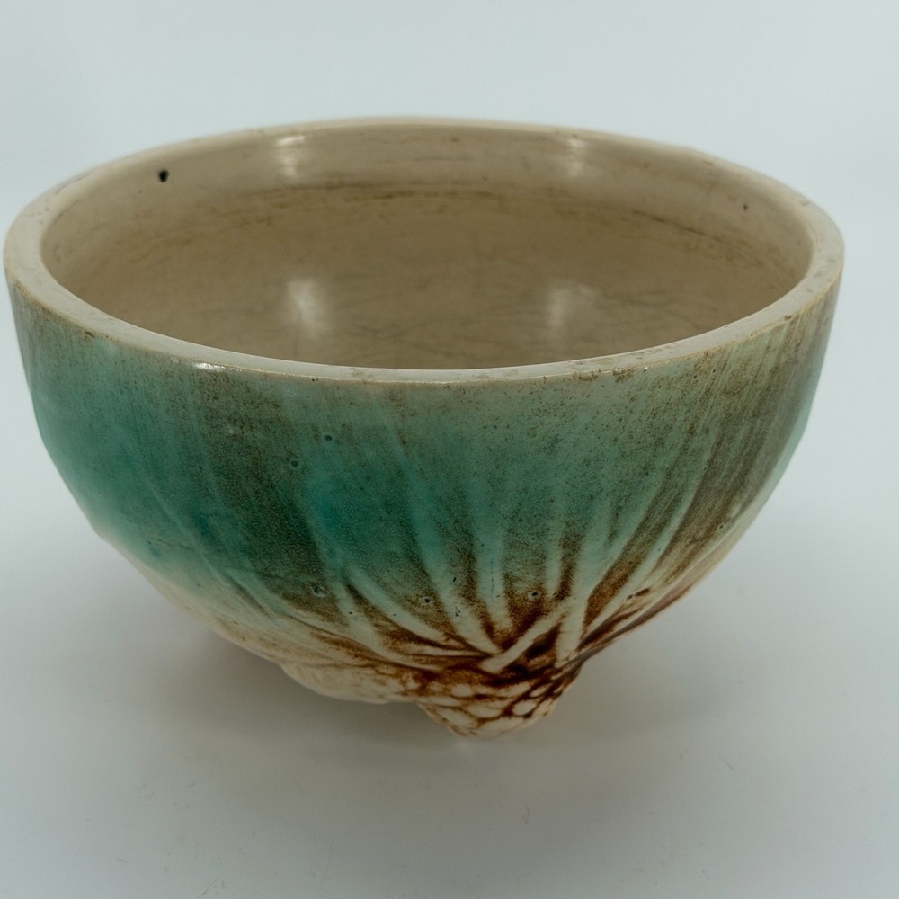 Vintage 1945 McCoy Rustic Pinecone Footed Ceramic Bowl Jardiniere Turquoise - Picture 5 of 12